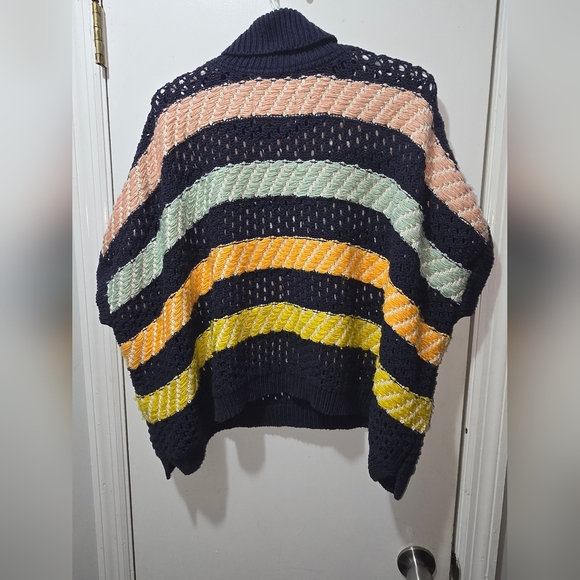 Anthropologie Navy Striped Turtle Neck Sweater Poncho sz OS - Picture 6 of 10
